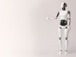 3D rendering of male robot presenting something.