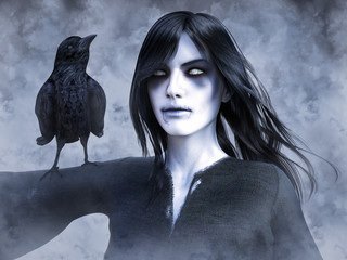 Wall Mural - 3D rendering of ghost woman with crow on her arm.