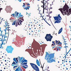 Wall Mural - Trendy colorful Spring Floral Seamless Pattern. Handdrawn vector illustration. Naive childish Bluebell flowers on white background. Great for decor, fabric,  wallpaper, gift paper and patchwork design