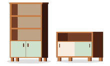 Vector Illustration Of Isolated On White Background Elements Of Furniture - Empty Office Or Home Cupboard And Wooden Chest Of Drawers With Doors, Shelf. Flat Design Cartoon Style Interior.