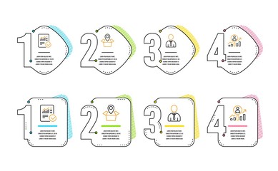 Poster - Package location, Human and Checked calculation icons simple set. Career ladder sign. Delivery tracking, Person profile, Statistical data. Manager results. Business set. Infographic timeline. Vector