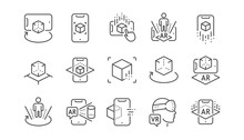 Augmented Reality Line Icons. VR Simulation, Panorama View, 360 Degrees. Virtual Reality Gaming, Augmented, Full Rotation Arrows Icons. Linear Set. Vector