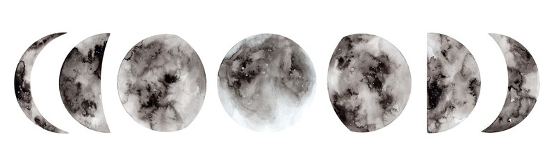 Hand painted watercolor moon phases. Full moon. Magic design for printing on textiles, packaging, cards