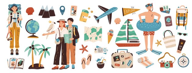 Wall Mural - collection of adventure tourism, travel abroad, summer vacation trip, hiking and backpacking decorat