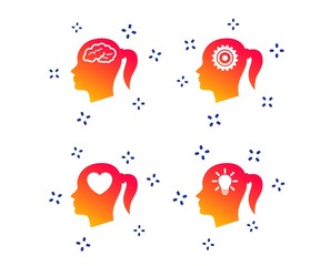 Wall Mural - Head with brain and idea lamp bulb icons. Female woman think symbols. Cogwheel gears signs. Love heart. Random dynamic shapes. Gradient head icon. Vector