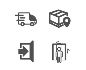 Aufkleber - Set of Parcel tracking, Exit and Truck delivery icons. Elevator sign. Package location pin, Escape, Express service. Lift.  Classic design parcel tracking icon. Flat design. Vector