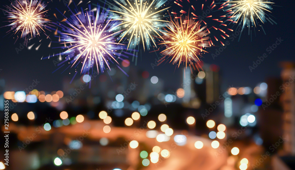 abstract group of  colorful multi fireworks explosion on blur night cityscape town background with text for fourth of july celebrate concept	 - obrazy, fototapety, plakaty 