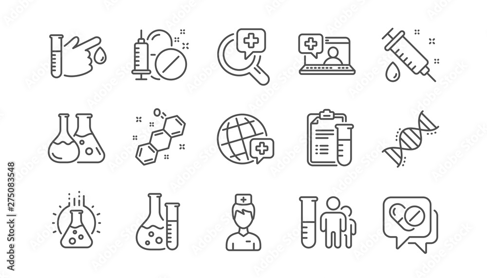 Medical healthcare, doctor line icons. Drug testing, scientific discovery and disease prevention icons. Chemical formula, chemistry testing lab. Linear set. Vector - obrazy, fototapety, plakaty 