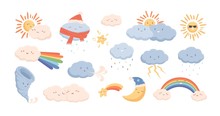 Cute Weather Phenomena - Clouds, Wind, Rainbow, Thunderstorm, Tornado, Snow, Rain, Sun And Crescent Moon. Adorable Cartoon Characters Isolated On White Background. Childish Vector Illustration.