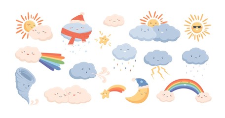 cute weather phenomena - clouds, wind, rainbow, thunderstorm, tornado, snow, rain, sun and crescent 