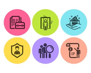 Aufkleber - Security agency, Elevator and Skin care icons simple set. Search people, Vacancy and Manual doc signs. People protection, Lift. People set. Flat security agency icon. Circle button. Vector