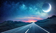 Road In Night - With Half Moon And Milky Way
