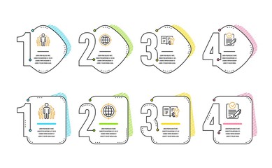 Poster - Seo internet, Group and Engineering documentation icons simple set. Rfp sign. Globe, Managers, Manual. Request for proposal. Technology set. Infographic timeline. Line seo internet icon. Vector