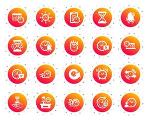 Poster - Time icons. Set of Calendar, Time management timer and Delivery service icons. Checklist, Stopwatch timer and hourglass. 24 hours and Presentation, calendar, checklist test. Gradient buttons set