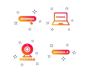 Wall Mural - Webinar icons. Web camera and notebook pc signs. Website e-learning or online study symbols. Random dynamic shapes. Gradient webinar icon. Vector