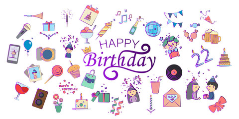 Sticker - Happy Birthday Card, hand drawn design elements, gifts, wallpapers, web template, card, invitation