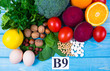 Healthy products and ingredients as source vitamin B9 (acidum folicum), natural minerals, concept of nutritious eating.