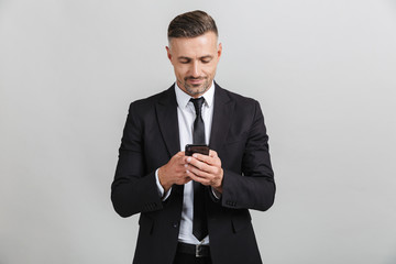 Wall Mural - image of successful handsome businessman in formal suit typing on cellphone