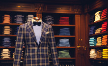 Men Clothing Store, Suit With Shirt And Bow Tie On Mannequin