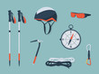 Mountaineering equipment set. Outdoor hiking adventure. Modern flat Illustration.