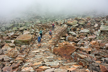 Wall Mural - some hikers walk along an ancient mule track on the maritime alps, in italy.