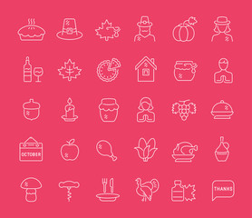 Poster - Set Vector Line Icons of Thanksgiving Day