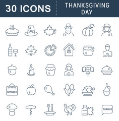 Poster - Set Vector Line Icons of Thanksgiving Day