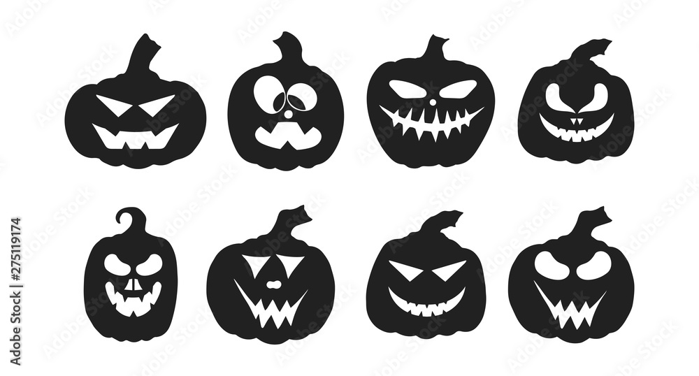 Halloween jack o lantern pumpkin silhouettes with spooky smiling faces ...
