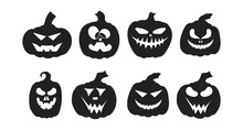 Halloween Jack O Lantern Pumpkin Silhouettes With Spooky Smiling Faces. October Party Scary Cartoon Clipart Collection.