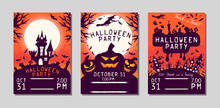 Halloween Flyer With Pumpkins, Cemetery, Haunted House, Bats And Witch Under The Moon For October 31 Night. Vector Isolated Horror Posters. Party Invitation Leaflet.