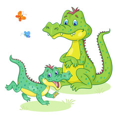 Poster - Two funny crocodiles - mother and baby. In cartoon style. Isolated on white background. Vector illustration.