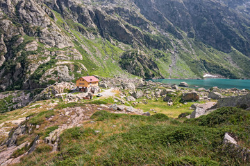 Wall Mural - Panoramic view of the Genova shelter and the Brocan lake at 2010 m. on the Maritime Alps