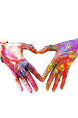 Wall Mural - colorful woman hands in heart shape double exposure