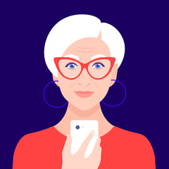 Portrait of an old woman with a phone. Addiction on the smartphone and the Internet. Social networks. Vector Flat Illustration