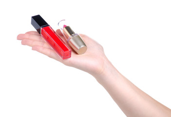 Sticker - Red lip gloss and pink lipstick beauty in hand on white background isolation