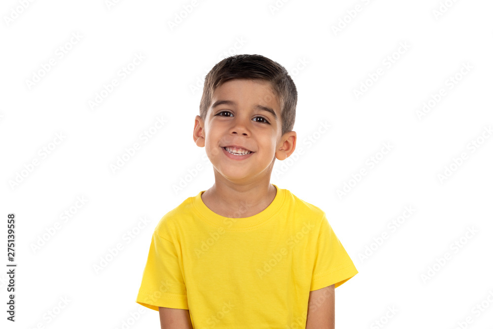 Happy dark child with yellow t-shirt - obrazy, fototapety, plakaty 