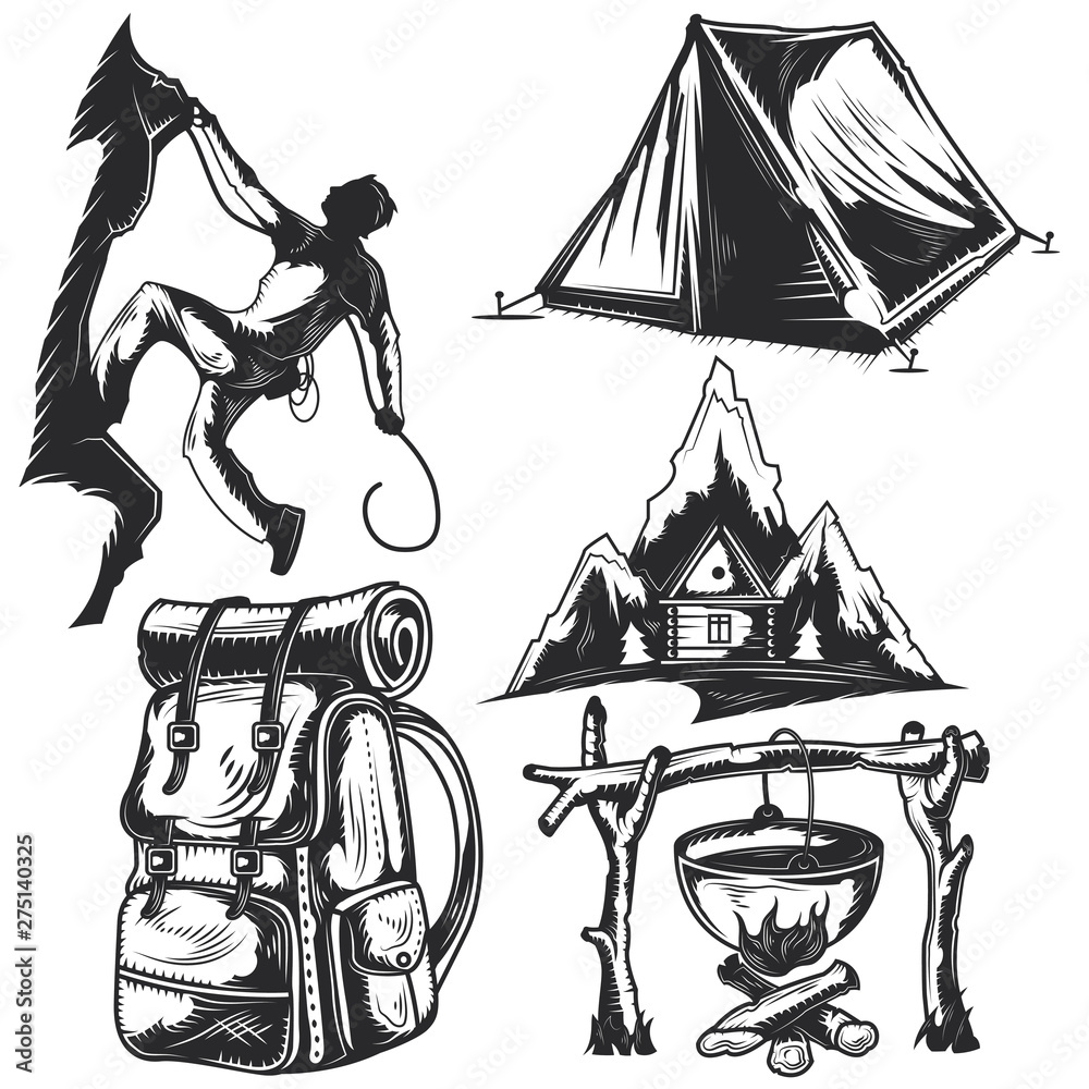 Set of camping elements - obrazy, fototapety, plakaty 