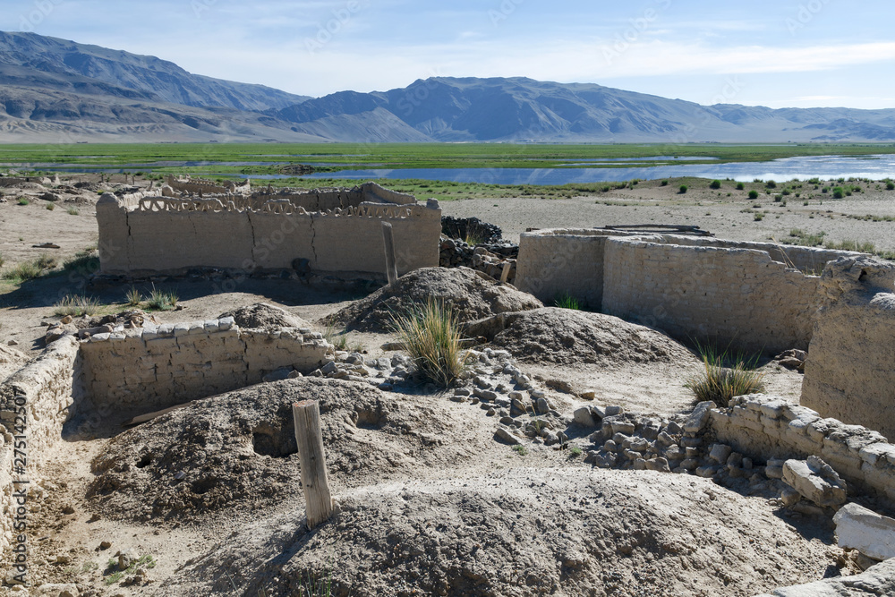 Western Mongolia steppe landscape. Old Kazakh cemetery in Khovd River ...