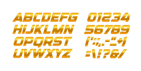Poster - Gold letters and numbers set. Golden gradient style vector latin alphabet. Italic bold typography design.