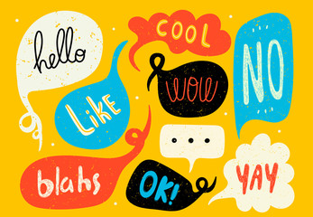various speech bubbles with words. hand drawn set. different shapes. abstract contemporary modern tr