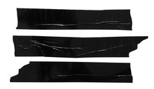 Set Of Different Black Scotch Sticky Tapes Isolated On White Background. Torn Wrinkled Sellotape Pieces Collection.