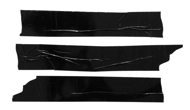set of different black scotch sticky tapes isolated on white background. torn wrinkled sellotape pie