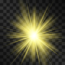 Glowing Vector Golden Light Effect, Star With Sun Nebula Warm Halo. Sheeny Power Burst Rays Design Details On Transparent Background. Decorative Futuristic Flamboyant Element. Outer Space Flash.