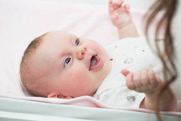 Close up Portrait of 3 Month Old Baby Girl with Sticker, Happy Cute Baby, Happy  family concept, The most Beautiful Girl, Princesses 