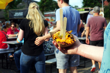 Poutine with French Fries and Chili con Carne, Street Food, dish, food