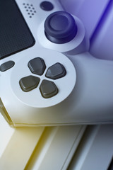 Poster - Game controller and game console. Macro. Concept view.