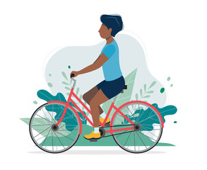 Wall Mural - Black man with a bike in the park. Illustration in flat style, concept vector illustration for healthy lifestyle, sport, exercising.