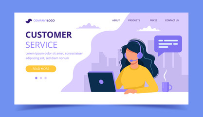 Aufkleber - Customer service landing page. Woman with headphones and microphone with computer. Concept illustration for support, assistance, call center. Vector illustration in flat style
