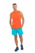 © be free - Guy sport outfit. Fashion concept. Man model clothes shop. Sport style. Menswear and fashionable clothing. Man calm face posing confidently white background. Man handsome in shirt and shorts