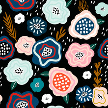 Seamless Pattern With Creative Decorative Flowers In Scandinavian Style. Great For Fabric, Textile. Vector Background